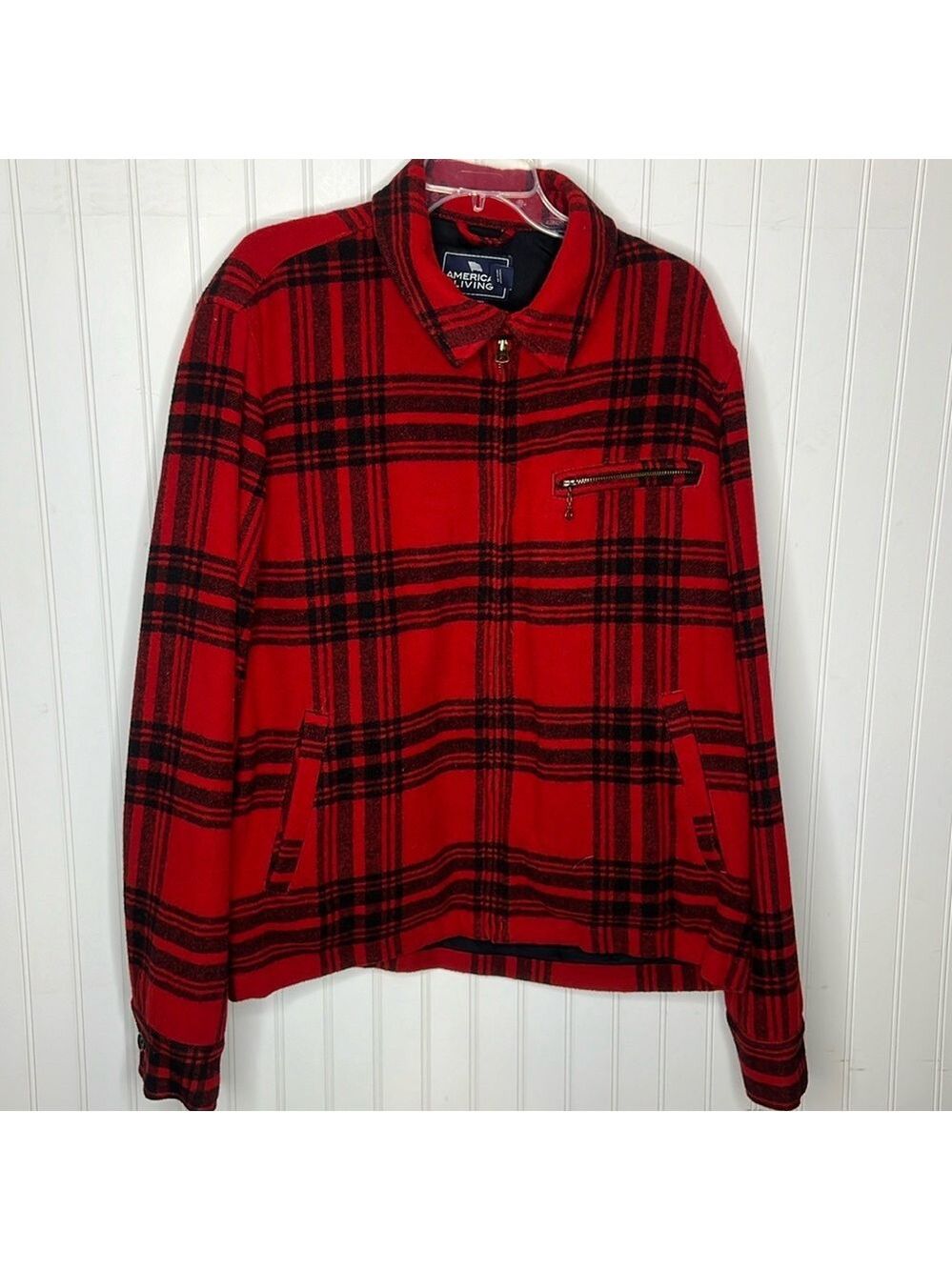 - American Living  Red Plaid Wool Blend Zip Up Jacket Size XL